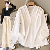 v领长袖 春秋高级感气质无领时尚 大码 白色衬衫 衬衣正装 职业工作服