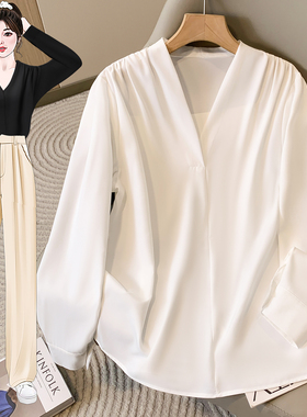 白色衬衫v领长袖春秋高级感气质无领时尚大码衬衣正装职业工作服
