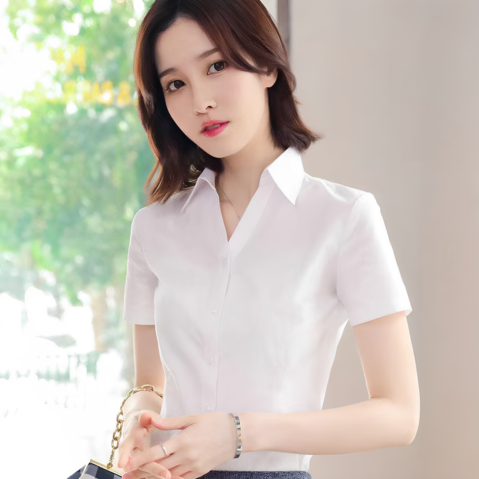 夏季短袖衬衫女V领新款高档女士衬衫韩版气质百搭职业工作服衬衣