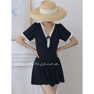 度假泳装 露背连体裙式 遮肉 显瘦复古竖纹短袖 UU温泉泳衣女2025新款