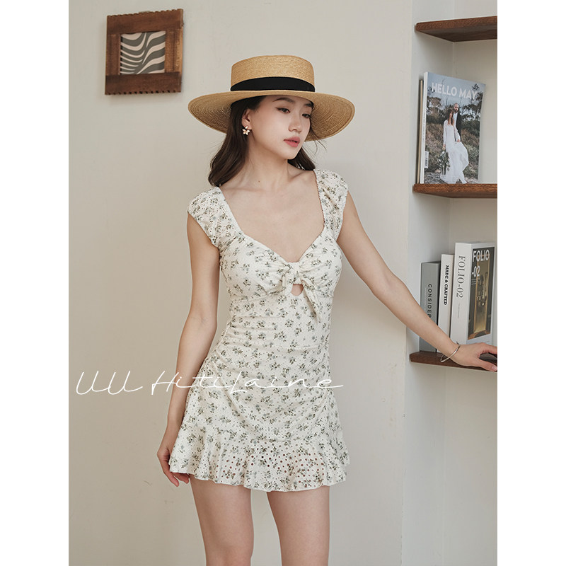 UU2026新款复古法式碎花连体泳衣女裙式收腰显瘦绑带露背温泉泳装