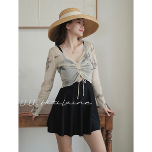 防晒显瘦设计感两件套温泉泳装 连体泳衣女裙式 V领长袖 UU2026新款