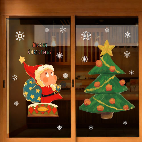 2026星星人圣诞节装饰静电贴新年氛围布置贴纸橱窗飘窗玻璃门窗花