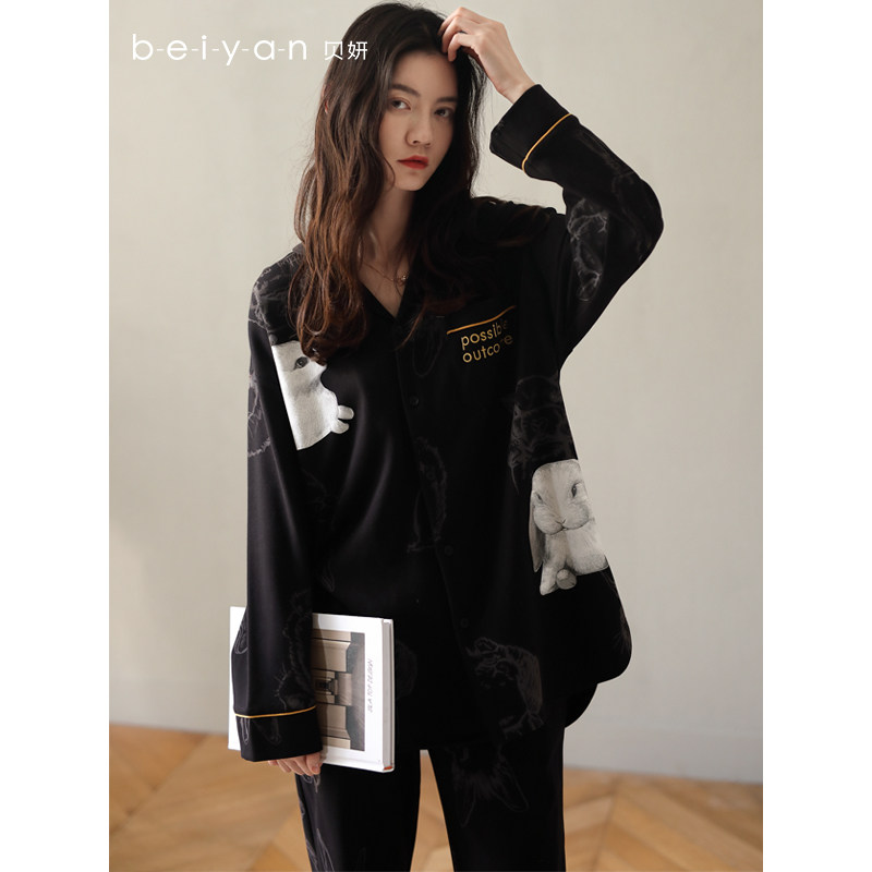 贝妍纯棉睡衣女春秋季长袖翻领开衫家居服女可爱卡通黑色兔子套装