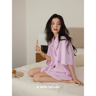 甜美少女条纹开衫 贝妍新款 套装 梭织棉睡衣女中袖 可外穿家居服 短裤