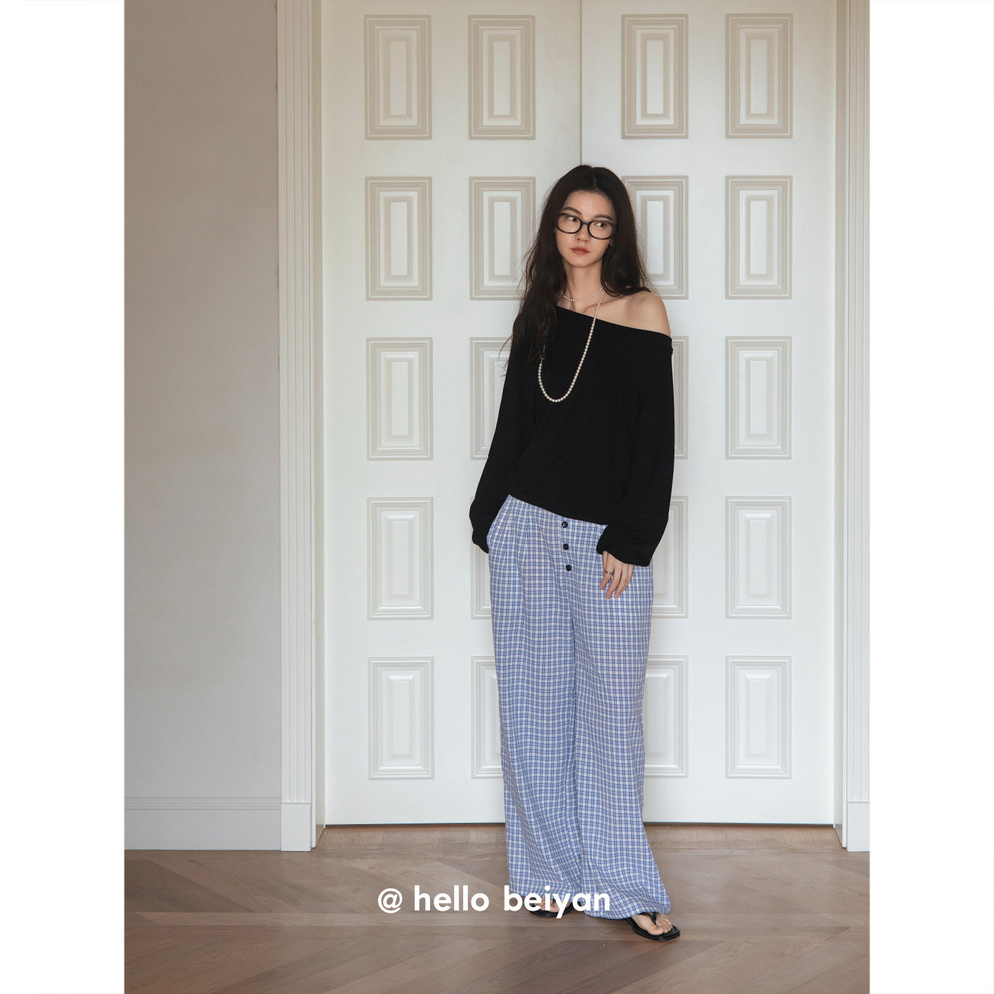 贝妍春秋季设计感斜肩长袖睡衣女