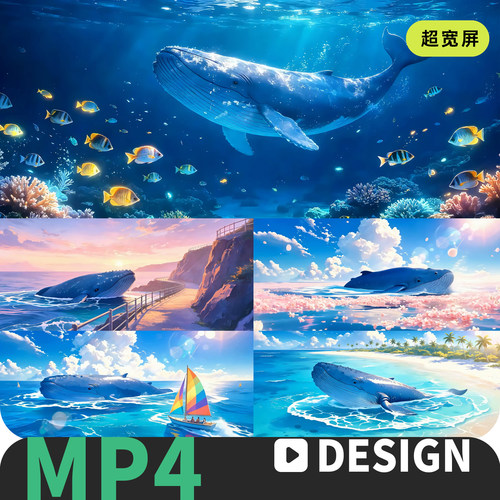 超宽屏唯美梦幻插画风海洋鲸鱼卡通深海底舞台VJ大屏背景视频素材