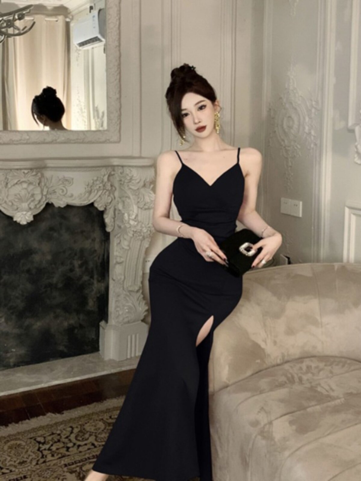 SUMMER DRESS FRENCH SEXY V-NECK HIGH-END SLIT LONG SKIRT FISHTAIL DRESS SKIRT FEMALE ROYAL SISTER TEMPERAMENT SLIP DRESS