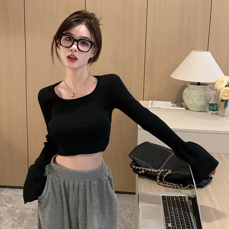 FLARED SLEEVE SWEATER WOMENS SPRING DRESS PURE LUST SWEET BABES SEXY SOFT GLUTINOUS HIGH-WAISTED CROPPED TOP SQUARE NECK KNITTED BASE LAYER