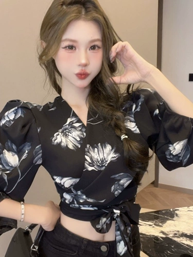 Осенний шелковый лонгслив, кардиган, рубашка с бантиком, V-образный вырез, рукава фонарики