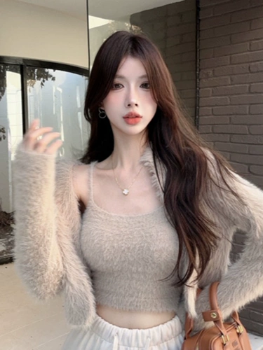 Свитер, короткий модный универсальный кардиган, комплект, в западном стиле, облегающий крой, эффект подтяжки