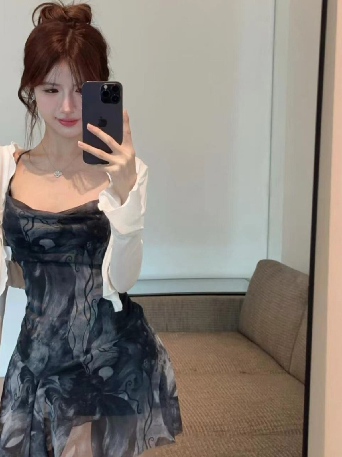 여름 뜨거운 여자 스타일 디자인 크로스 백리스 불규칙한 인쇄 서스펜더 드레스 여성 긴팔 목도리 투피스 세트