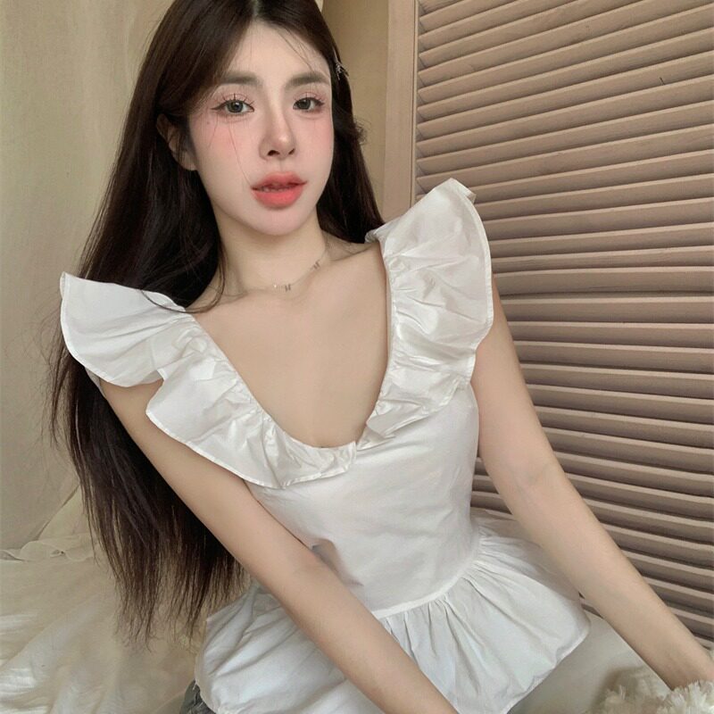 BABES TIE WAIST RUFFLES BACKLESS SMALL FLY SLEEVE VEST V-NECK SHIRT WOMENS SUMMER SEXY SHORT SLEEVELESS TOP