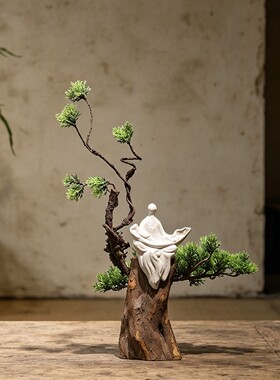 新中式仿真绿植实木茶室书房摆件