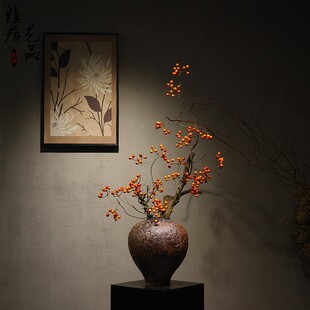 禅意中古风陶瓷花瓶摆件仿真山归来玄关茶室侘寂风民宿酒店装饰品