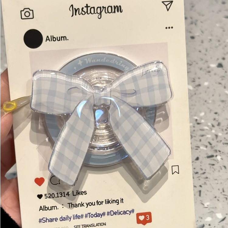 ins风蓝格纹蝴蝶结磁吸支架适用MagSafe手机强力吸附桌面懒人支架