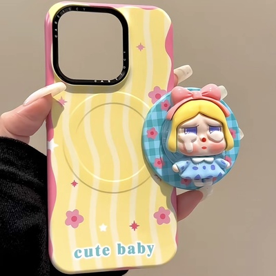 黄底波浪花朵哭娃磁吸支架适用iPhone16pro/15手机壳苹果13磁吸壳13promax个性14promax简约15promax