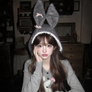 2025新款 防风套头帽包头帽 夸张可爱兔耳朵保暖护耳雷锋帽子女冬季