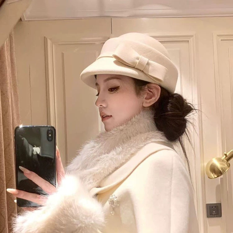 帽子女2025秋冬白月光千金小礼帽时尚气质名媛羊毛蝴蝶结马术帽潮