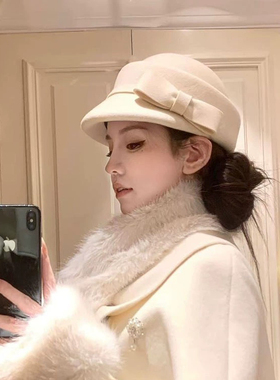 帽子女2025秋冬白月光千金小礼帽时尚气质名媛羊毛蝴蝶结马术帽潮