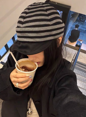 2025秋冬新款条纹针织堆堆帽女可调节帽檐修饰脸型短帽檐鸭舌帽男