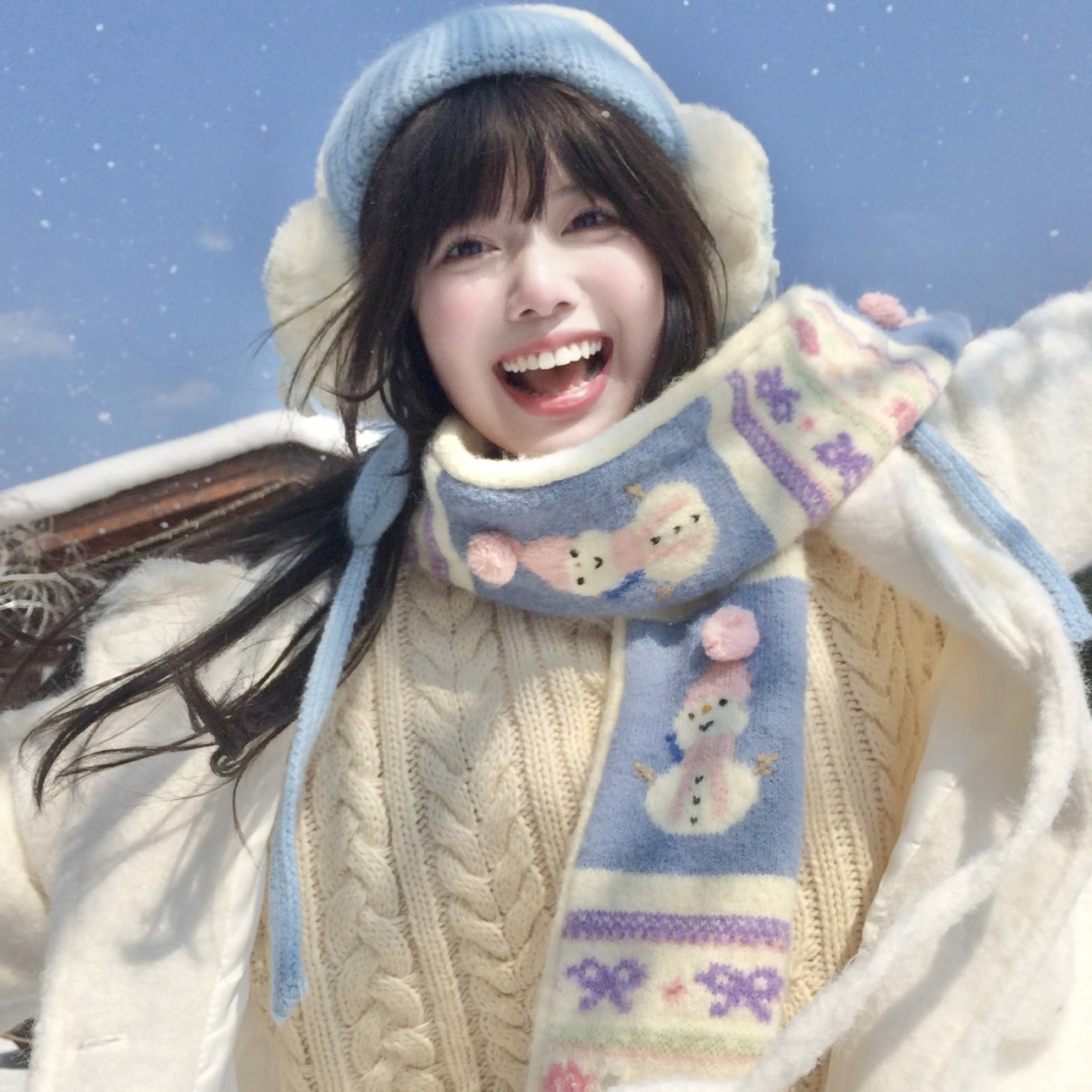 可爱提花雪人流苏围巾2024秋冬