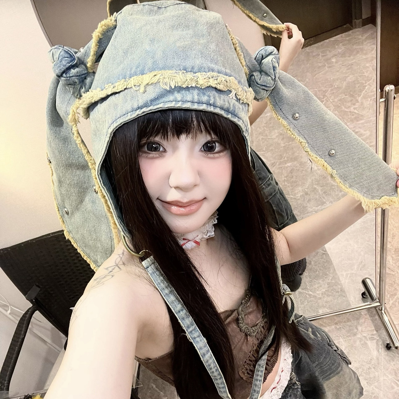 重工兔子耳朵牛仔包包水洗套头帽