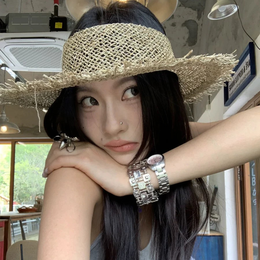 【纯手工编织】2025新款镂空草帽海边度假遮阳防晒空顶沙滩草编帽