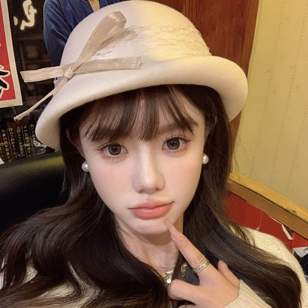 羊毛蕾丝蝴蝶结礼帽女秋冬法式