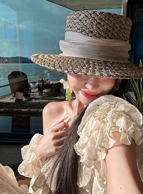 高端定制!老钱感夏季咸水草编亚麻缎带礼帽女度假平顶草帽轻奢帽