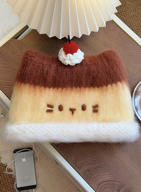 原创卡通布丁猫耳毛绒帽子女秋冬保暖护耳针织帽显脸小可爱套头帽