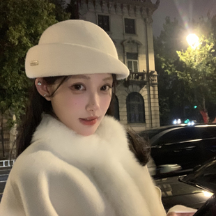 法式白色礼帽女秋冬季赫本风千金帽子女款冬季高级感贝雷帽显脸小