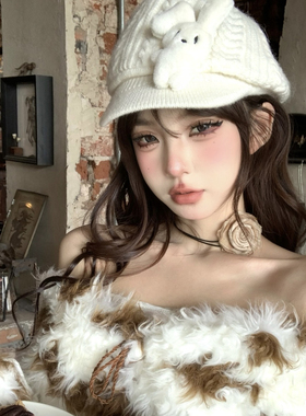 可爱小兔子创意毛线针织贝雷帽秋冬少女保暖帽子显脸小加绒八角帽