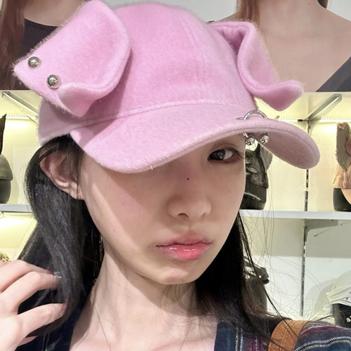 粉色可爱小猪耳朵毛绒棒球帽