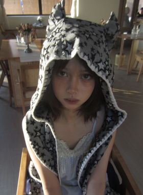 原创星星印花猫耳帽子围巾一体女秋冬季保暖围脖百搭连帽围巾男潮