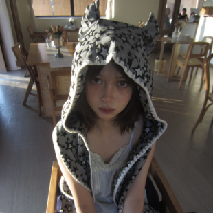 原创星星印花猫耳帽子围巾一体女秋冬季保暖围脖百搭连帽围巾男潮