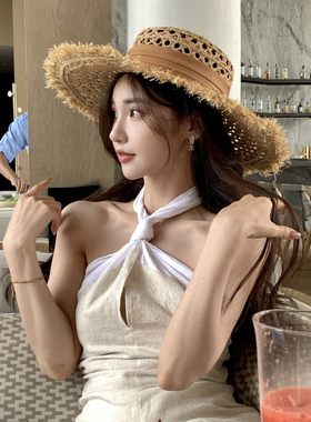 海边拍照度假风草帽女夏沙滩遮阳防晒太阳帽镂空毛边大帽檐礼帽子