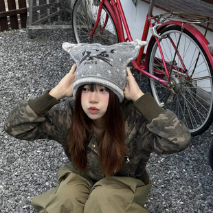 亚比风猫耳朵针织帽子女秋冬季灰色毛线帽甜美可爱造型保暖护耳帽