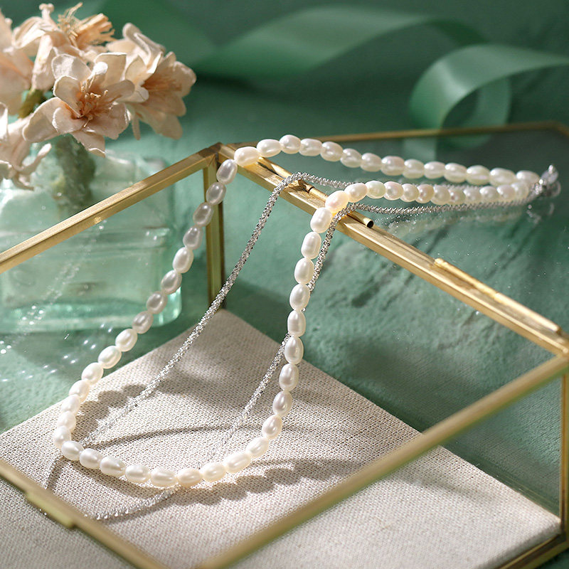 ML波光粼粼闪沙项链小米珍珠颈链21夏女式银饰锁骨链套搭纯银手链