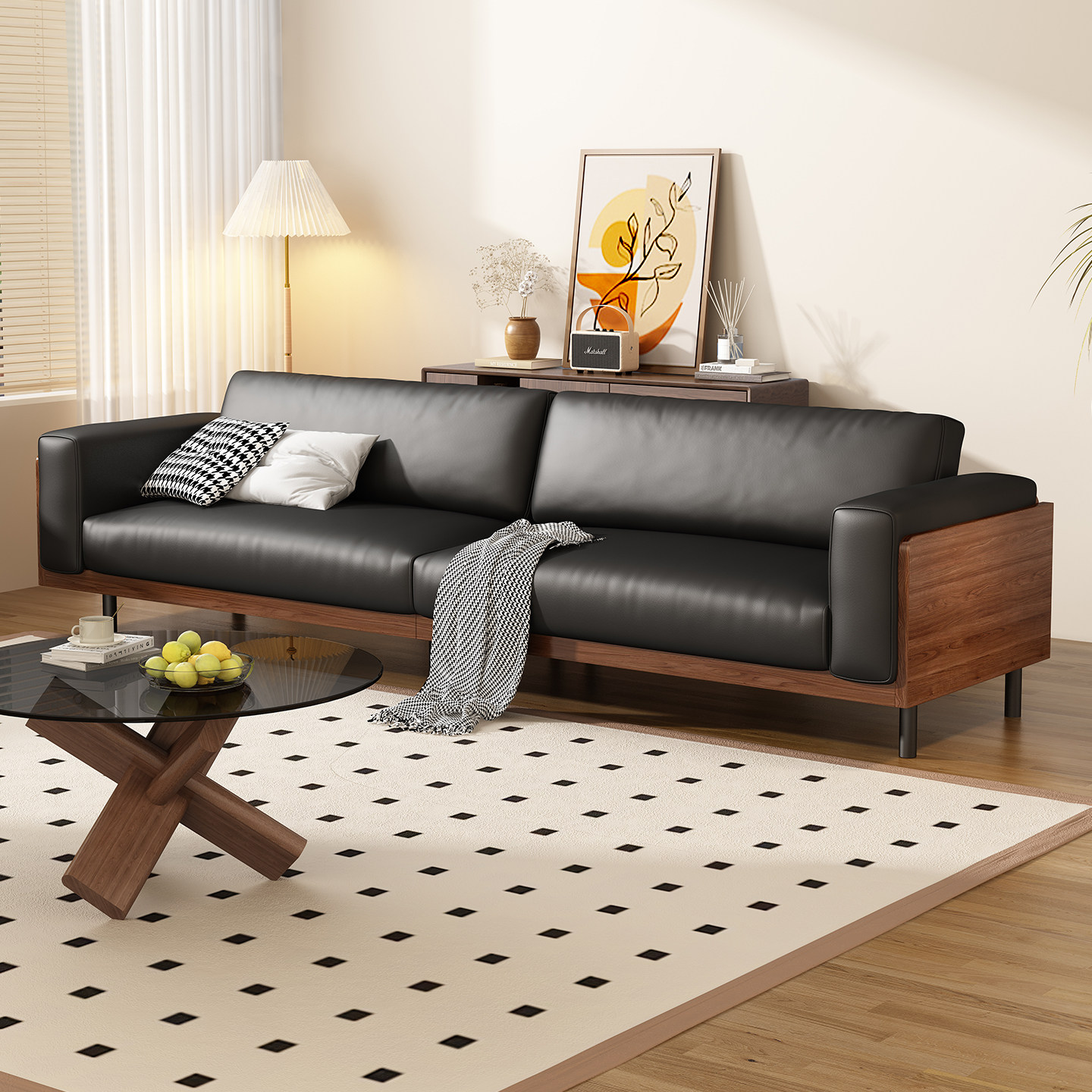 实木沙发小户型2026新款客厅家用复古皮艺直排三人中古风黑色沙发