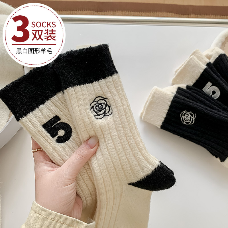 羊毛袜子女秋冬中筒加绒加厚保暖