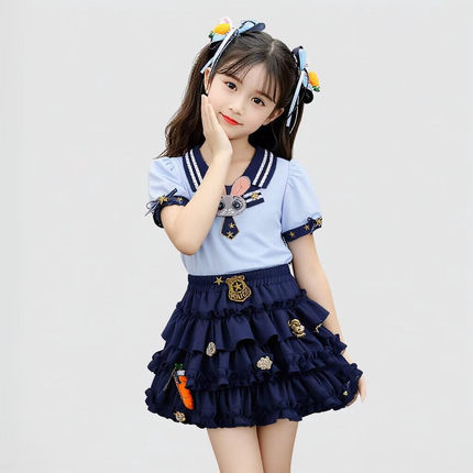 朱迪女童夏装套装兔子警官衣服儿童装泡泡袖蛋糕裙两件套夏季裙子