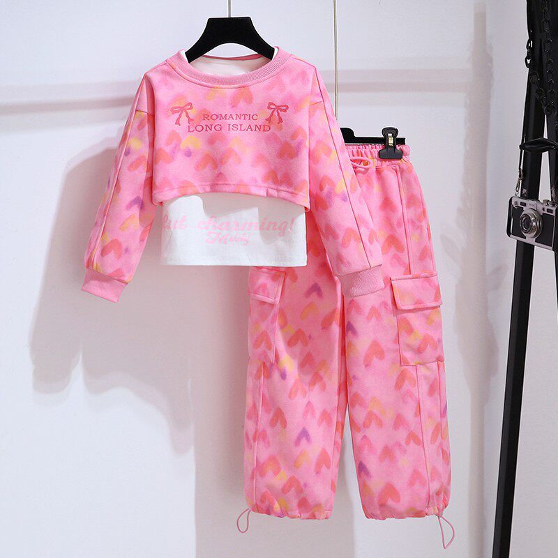 童装女童秋装套装中大童长袖扎染卫衣背心工装裤学生运动服三件套