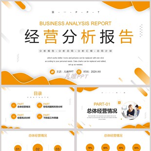 黄色简约曲线背景经营分析报告PPT模板
