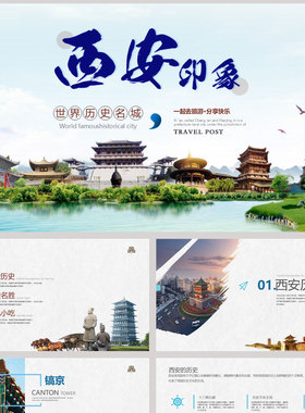 蓝色古建筑背景的“西安印象”城市介绍旅游推荐PPT模板