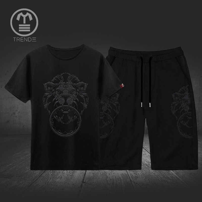 欧洲站新款休闲运动套装个性潮牌t恤男狮子头印花嘻哈套装男大码