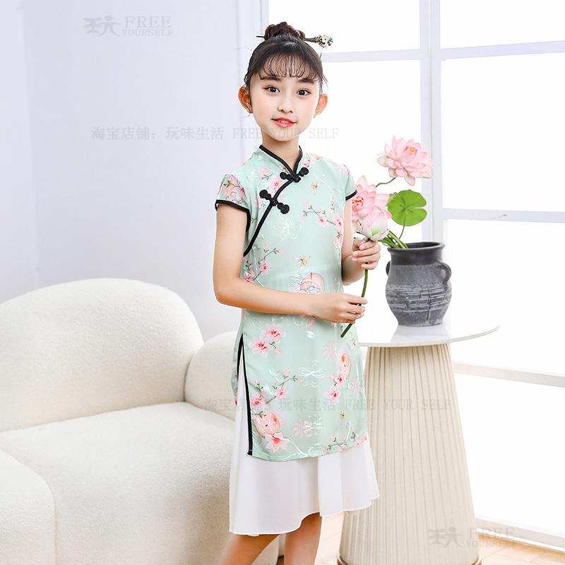式汉服2023新款女童旗袍裙雪纺刺绣中国风儿童唐装女旅游拍照新古