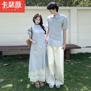 小众设计感情侣装2026夏装韩版宽松短袖衬衫收腰连衣裙女一裙一衣