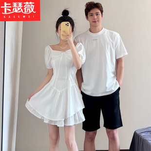 法式情侣装夏装2025新款小众设计感短袖T恤收腰气质显瘦连衣裙