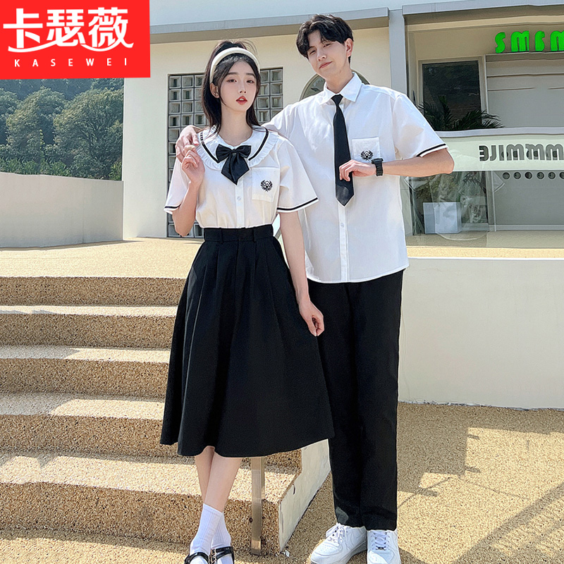 jk短袖衬衣男女白色刺绣学生班服dk制服一套学院风情侣衬衫原宿风
